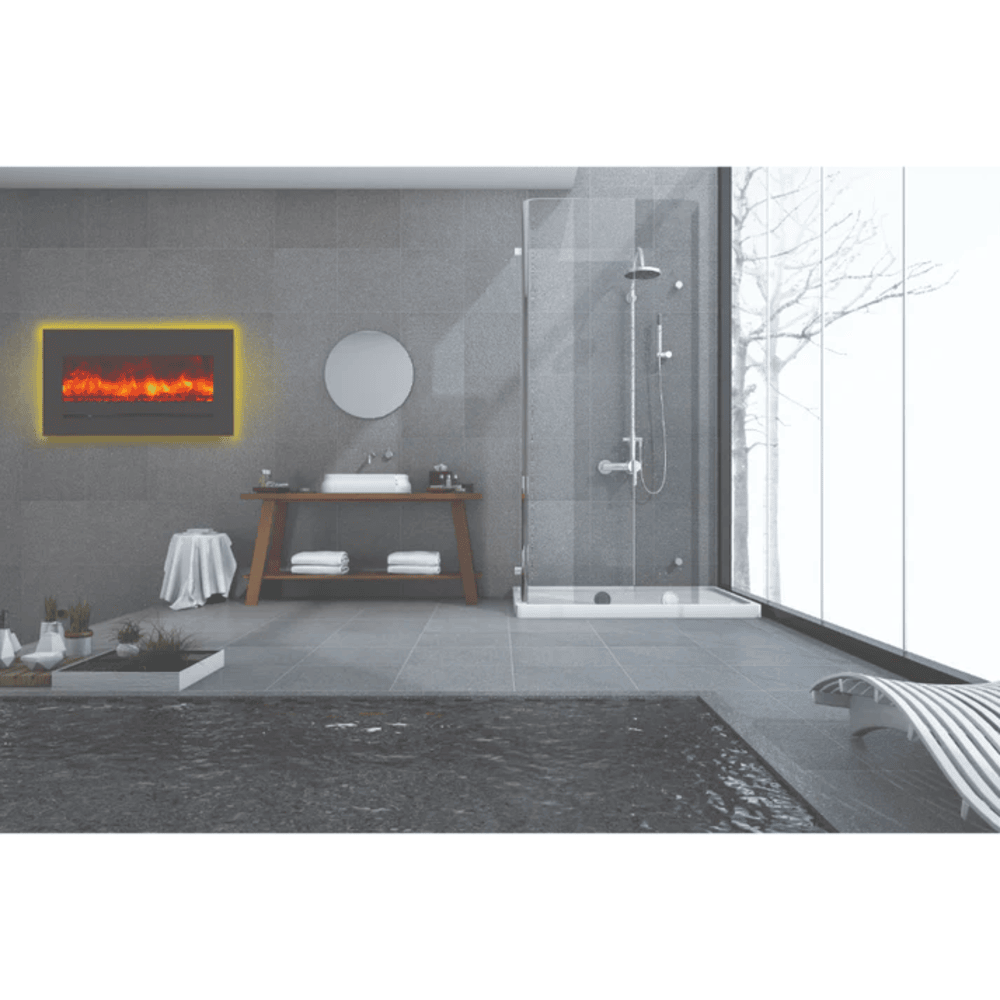Amantii 34 Inch Linear Wall Mount/Flush Mount Electric Fireplace with Steel Surround and Glass Media Attached