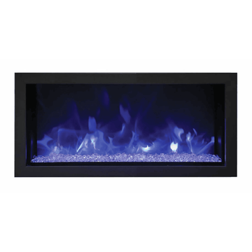 Remii 35 Inch Extra Slim Indoor/Outdoor Built-In Electric Fireplace with Black Steel Surround Front View Blue Flame