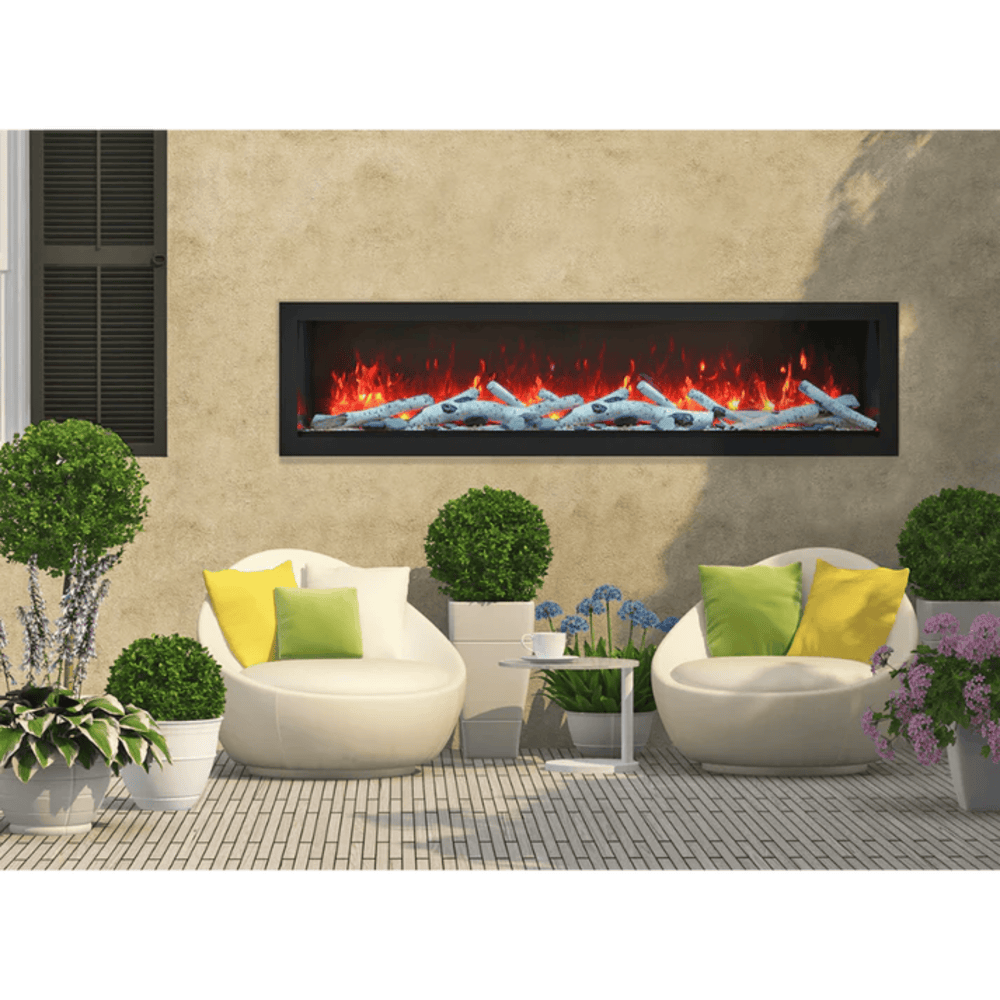 Remii 65 Inch Deep Indoor/Outdoor Built-In Electric Fireplace with Black Steel Surround Outdoor