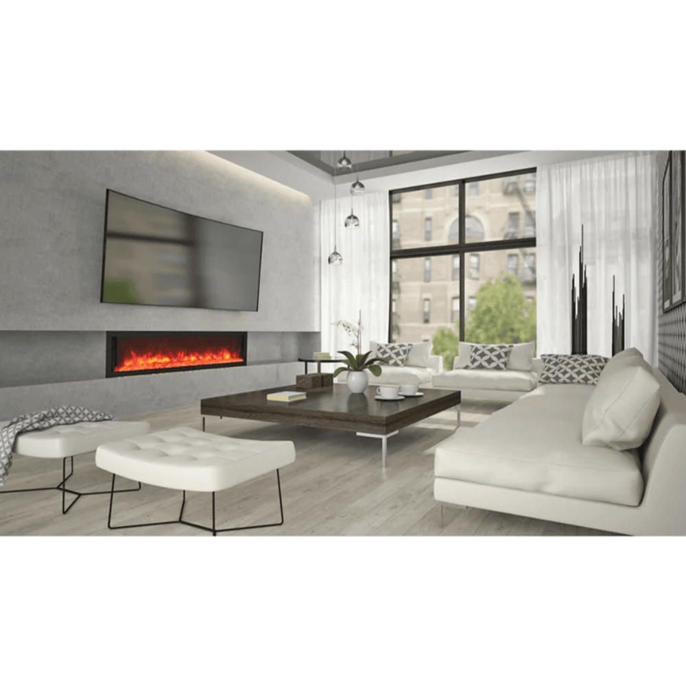 Remii 65 Inch Deep Indoor/Outdoor Built-In Electric Fireplace with Black Steel Surround Indoor