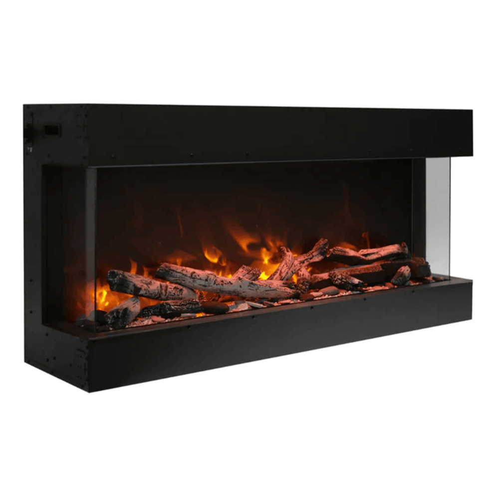 Remii 72 Inch BAY-SLIM Series 3 Sided Electric Fireplace Side View with logs