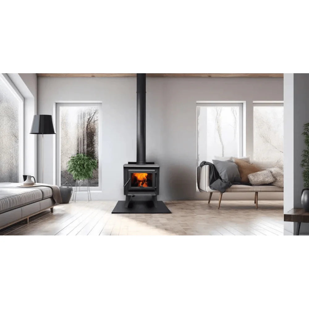 True North TN25C Metallic Black Vented Wood Burning Stove Legs Attached