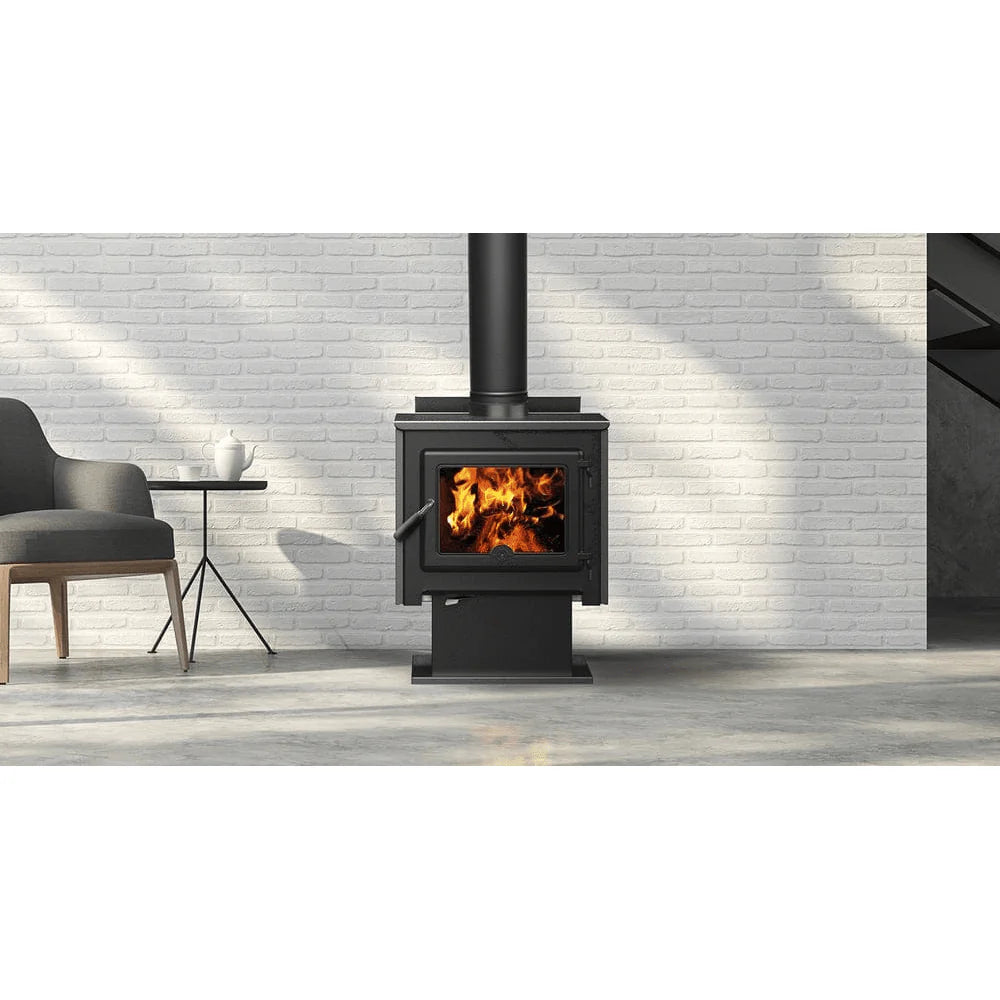 True North TN25C Metallic Black Vented Wood Burning Stove Pedestal Attached